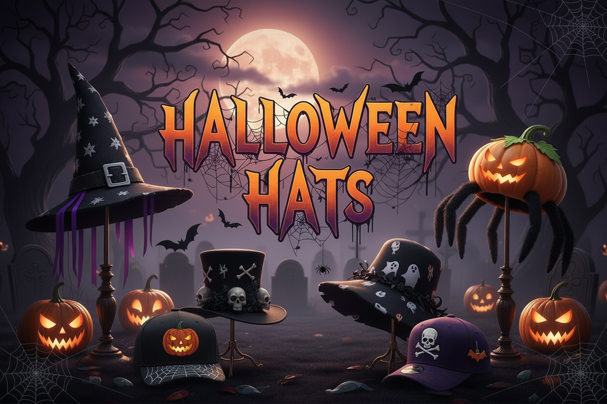 Halloween Hats Collection Banner with Baseball Caps